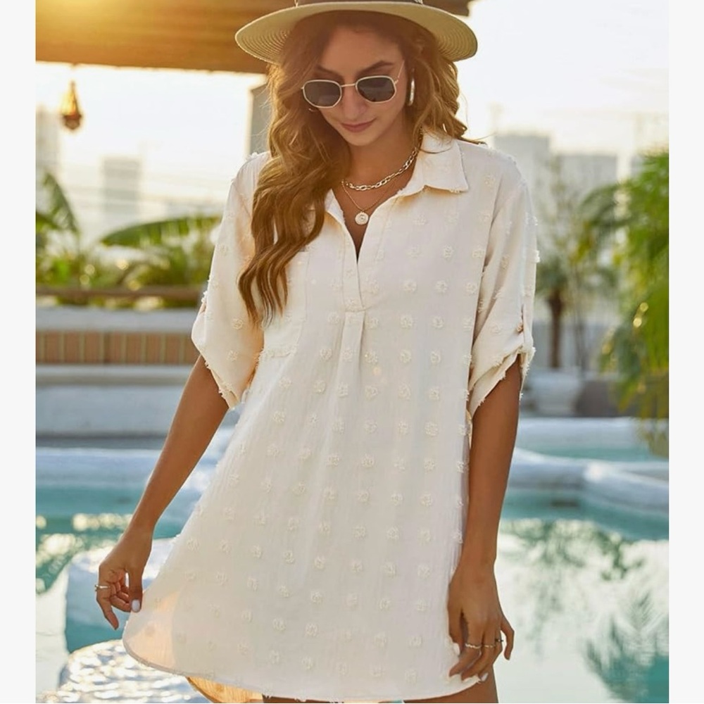Blooming‎ Jelly Cover Up Roll Up Sleeves Textured Swiss Dot Oatmeal Small Dress